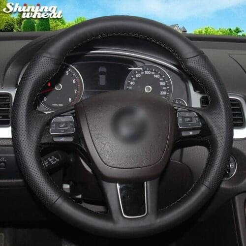 BANNIS Black Genuine Leather Car Steering Wheel Cover for Volkswagen VW Touareg 2011-2017