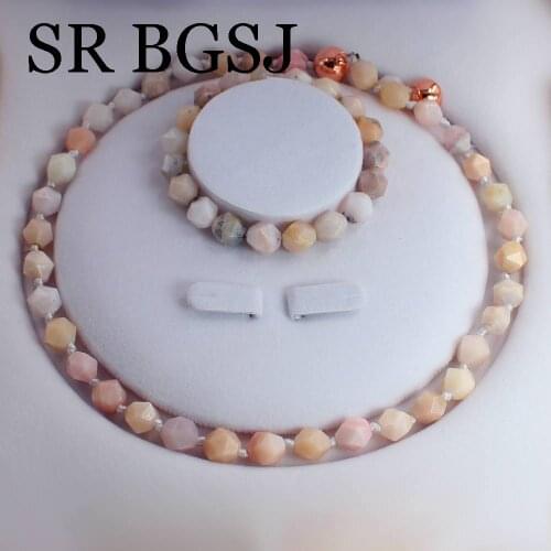 Free Shipping 10mm Round Polygonal Pink Opal Gems Knot Magnetic Clasp Women Stone Jewelry Set