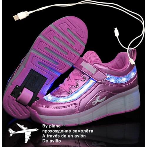 29-40 Pink White USB Charging Fashion Girls Boys LED Light Roller Skate Shoes For Children Kids Sneakers With Wheels One wheels