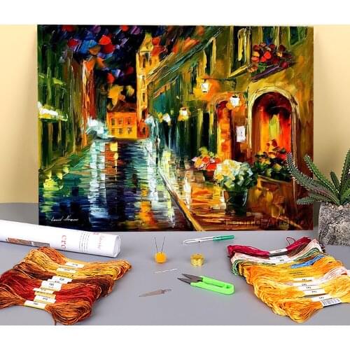 Flowers Street Printed Canvas 11CT Cross-Stitch DIY Embroidery Complete Kit DMC Threads Handmade Craft Sewing Different