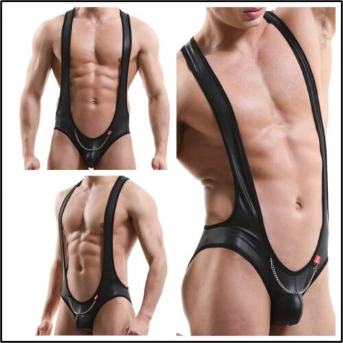 PU Leather Men Bodysuits Open Butt Chain Bulge Pouch Underwear Sexy Wrestling Bodybuilding Singlet Jumpsuits Gay Mankini Bikini