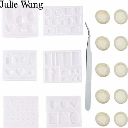 Julie Wang 17PCS/Set Silicone Resin Cabochon Molds Set Tweezers Finger Sleeve Resin Epoxy Casting Mould Jewelry Making Tool
