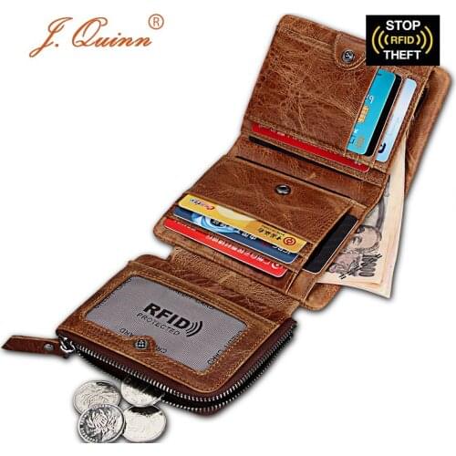 J.Quinn Short RFID Wallets Removable Zipper Coin Pocket 13 Cards Mini SIM Genuine Leather Mens Wallet Fashion Retro Hasp Trifold