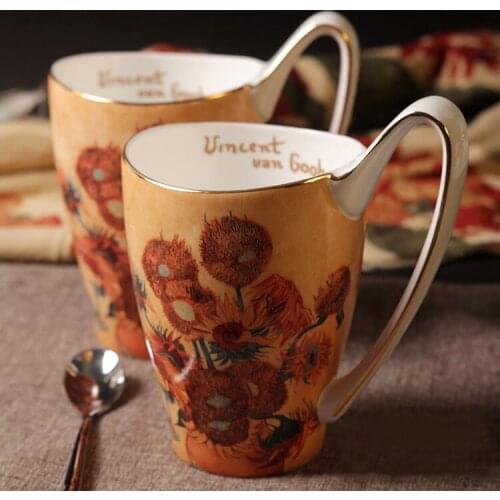High quality sunflowers western creative decorative mugs bone china ceramic milk tea coffe mugs and cups with handgrip 500ml