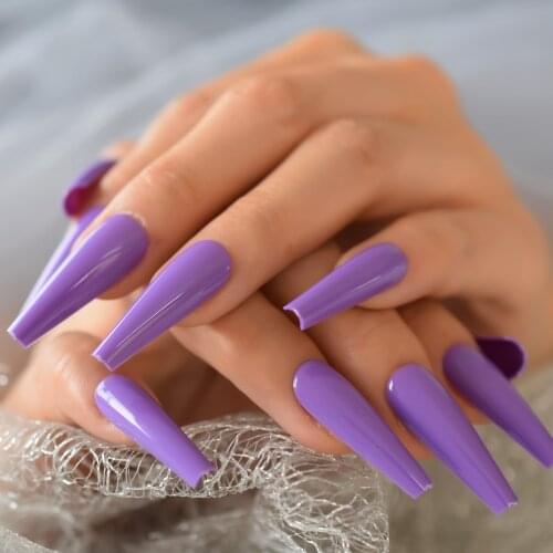 Lavender Purple Glossy Ballerina Fake Nails ABS Material Extra Long Coffin Pure Press On Nails with Glue Sticker 24