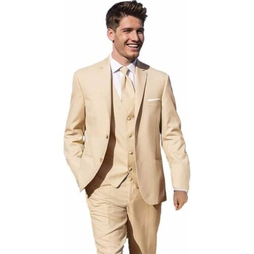 Fashionable Two Buttons Beige Groom Tuxedos Groomsmen Notch Lapel Mens Suits Blazers (Jacket+Pants+Vest+Tie) W:972