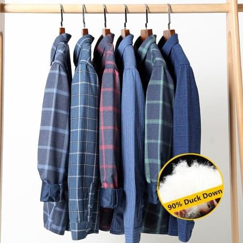 Winter new 90% white duck down mens long sleeve shirts top quality business warm plaid shirt brand clothing