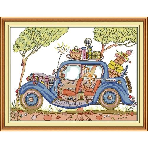 Cartoon station wagon count cross stitch 11CT 14CT cross stitch set DMC cotton thread printed canvas embroidery kit needlework