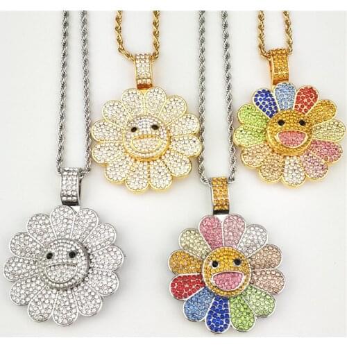 Hip Hop Iced Out Bling Sun Flower Shape Pendant Necklaces Rotatable Fashion Men Inlaid Diamond Charm Jewelry Gift Accessries