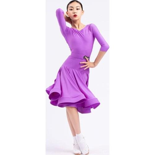 Latin Competition Dress Girls Salsa Dancing Outfit Purple Tango Dancewear Stage Costume Half Sleeve Ballroom Skirt Set DL8157