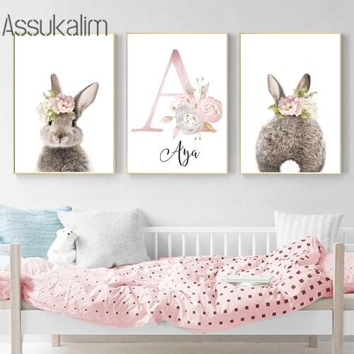 Rabbit Poster Custom Name Canvas Painting Nursery Wall Art Print Flower Pictures Nordic Posters And Prints Kids Room Decoration