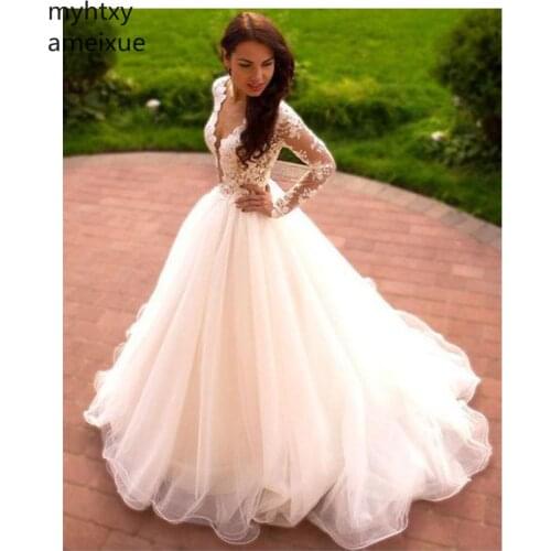 Sexy Wedding Dresses 2020 Off The Shoulder V Neck Long Sleeves Bridal Gowns Custom Made Lace Gown Plus Size Lace Wedding Dresses