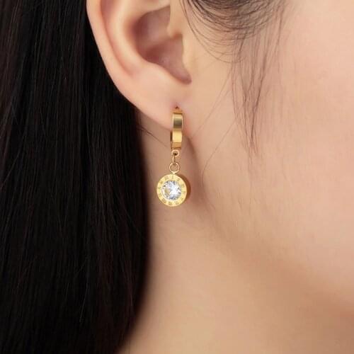 New Titanium Steel High Quality Beautiful Roman Numeral Gold Color Inlaid 6mm Drop Earrings For Women Best Earring Jewelry Gift