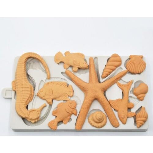 Silicone Fondant Cake Mold Shells Starfish Conch Hippocampus Fish Marine Series Fondant Cake Mold Chocolate Molds Moulds PRZY