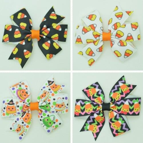 SUPWRF 3.1'' Halloween Candy corn cute bow Girls Hair Bow With Clip Boutique Printed Ribbon headwear diy wholesale 20 PCS T0929