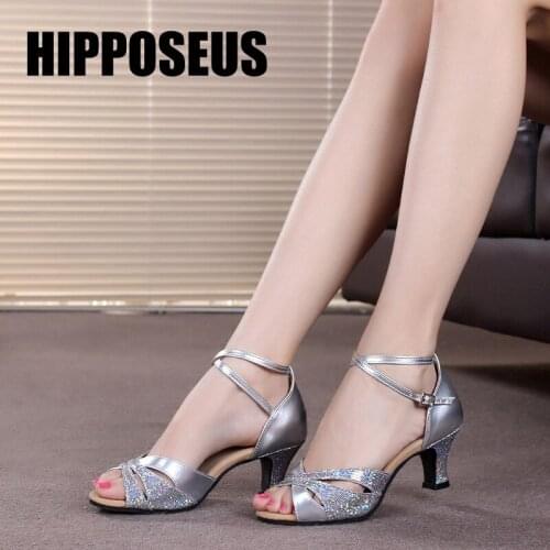 Hipposeus Modern Latin Dance Shoes Woman for Girls Ladies Ballroom Tango Dancing Shoes Closed Toe Sequins Cloth Dropshipping