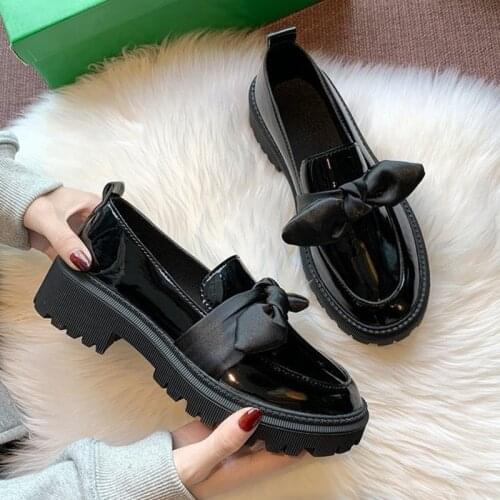 2021 Women Bow Knot Pumps Female Office Loafers Ladies Platform Low Heels Womens PU Leather Shoes Woman Slip On Footwear