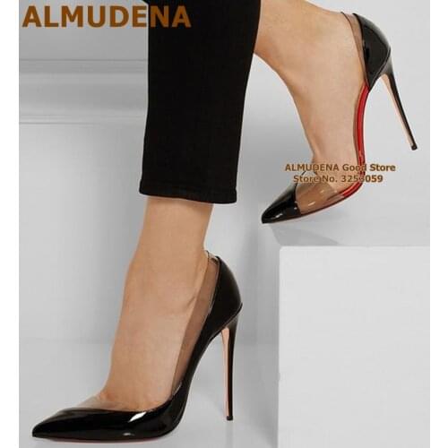 ALMUDENA White Black Patent Leather Patchwork High Heel Shoes Clear PVC Embellished Irregular Cut Stiletto Heel Wedding Shoes