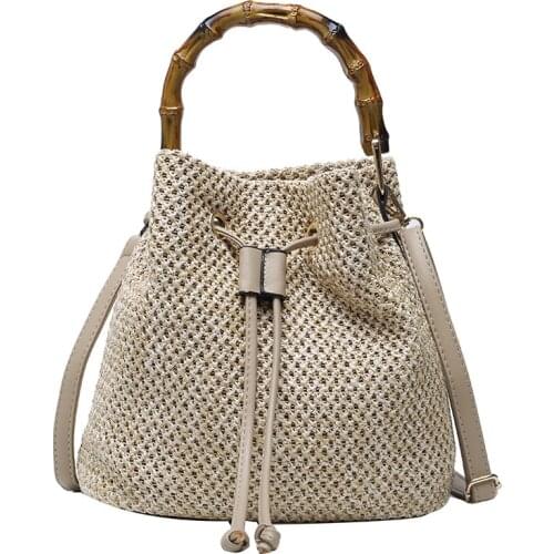 Aaby 2021 New Fashion Bamboo Made Handle Handbag For Women High Quality Bucket Shoulder Bag With Hasp And Long PU Strap Ladies