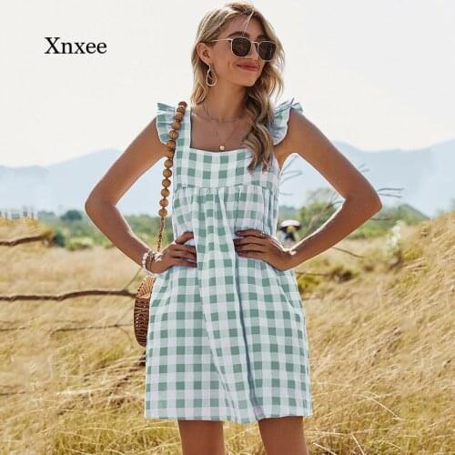 2021 Spring New Dress Sweet Plaid Suit Ladies Ruffled Square Collar Vest Women Shorts with Fashionable Dresses
