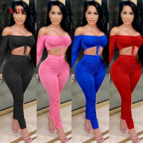 Folds Shirring Crop Tops High Waist Pant Two Piece Women Matching Set 2021 New Sexy Spring Fall Womens Night Club Party Clothes