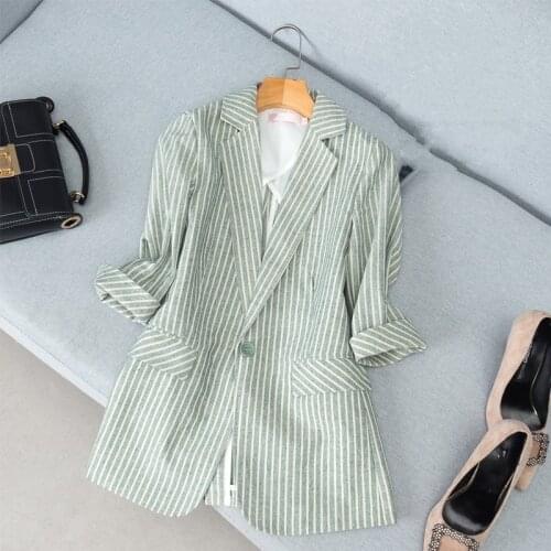 Womens Summer Striped Cotton And Linen Thin Blazer Three Quarter Sleeve Single Button Casual Slim Fit Blaser Feminino Plus Size
