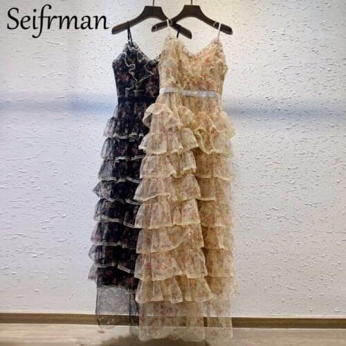 Seifrmann New 2021 Summer Women Fashion Runway Holiday Cake Long Dress Sexy Spaghetti Strap Ruffles Lace Print Mesh Dresses