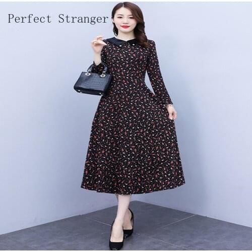 2021 Autumn New Arrival High Quality Retro Peter Pan Collar Long Sleeve Printed Collect Waist Women Long Dress