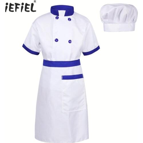 2018 Unisex Kids Boys Girls Chef Outfit Costume Short Sleeves Jacket with Apron and Hat Set for Halloween Cosplay Party Costumes
