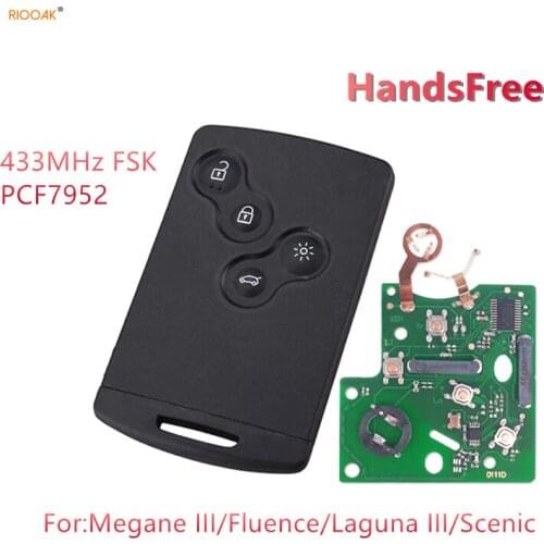 5PCS/LOT For Renault PCF7952 Megane III Laguna III Scenic Fluence 2009-2015 433MHz FSK HandsFree Keyless Smart Card without logo