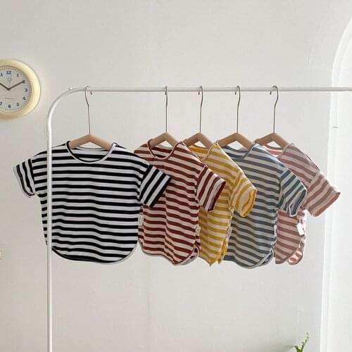 Children Stripe Short Sleeve T-shirt 2021 New Round Neck Split Bat Boys and Girls Cotton Korean Top