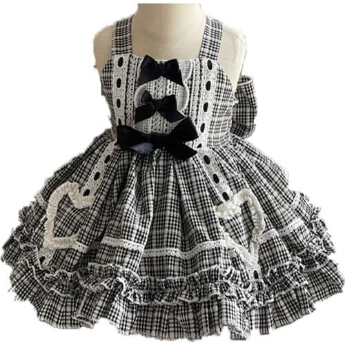 Baby girl summer vintage Spanish plaid lolita princess dress kids bow lace stitching strap ball gown dress