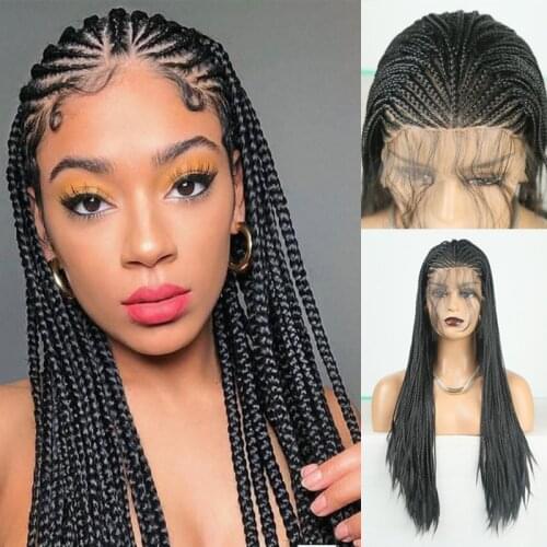 RONGDUOYI Long Braided Box Braids Wig Black Hair Synthetic Lace Front Wigs for Women High Temperature Hair Lace Wig Daily Used