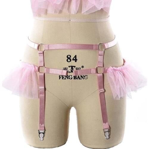 Edgy Bondage Garter Belt Pink Mesh Leg Harness Pastel Goth Body Cage Stockings High Waist Garter Wedding Sexy Lingerie