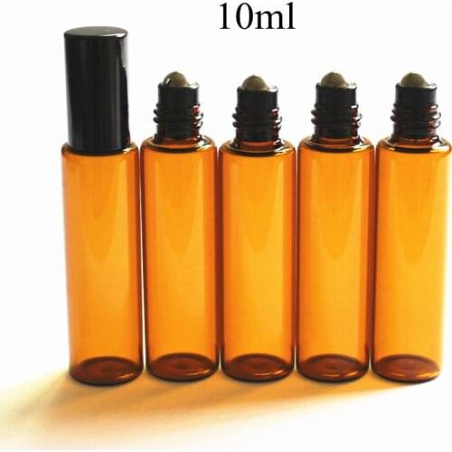 5pcs/Pack 10ML Amber Glass Roll On Thin Glass Roller Vials Brown Essential Oil Bottle Sample Test Bottle with Metal Ball