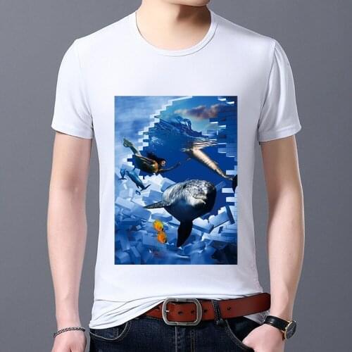 Summer T-shirt Mens All-match Temperament Slim 3D Marine Pattern Series Printing Casual Mens Round Neck Commuter Polyester Top