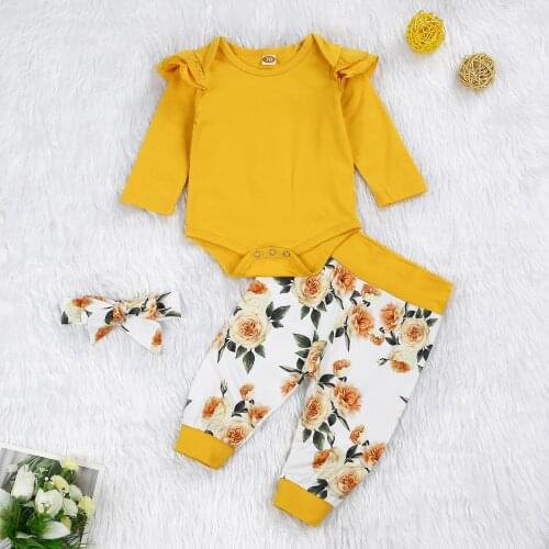 0-24M Newborn Baby Boy Girl Long Sleeve Cotton Bodysuit Tops Floral Long Pant Trouser Headband 3PCS Baby Clothing Set