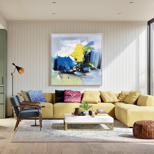 Modern Abstract Yello Blue Green Hand Painting On Canvas Large Original Acrylic Heavy Texture Wall Art Living room Home decor