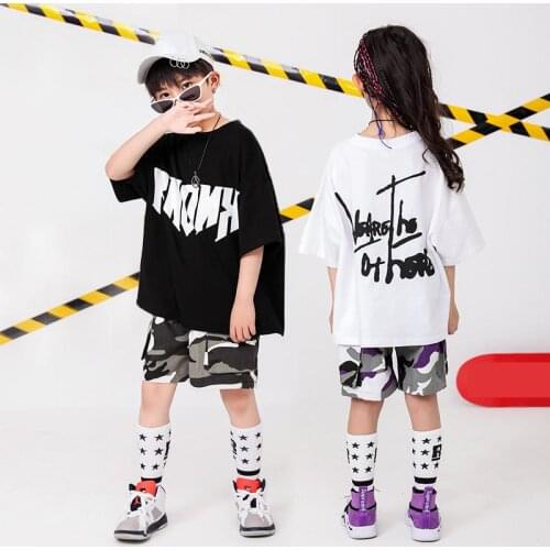 Girls Boys Hip Hop Jazz Dancing Costumes for Kids Loose T Shirt Casual Tops Jogger Camouflage Pants Ballroom Dance Clothes Wear