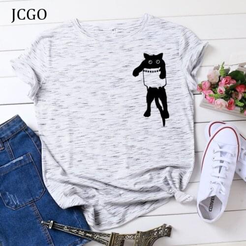 JCGO Summer Women T Shirt S-5XL Plus Size Cotton Graphic Cute Cat Print Short Sleeve Women Tees Tops Casual O-Neck Female TShirt