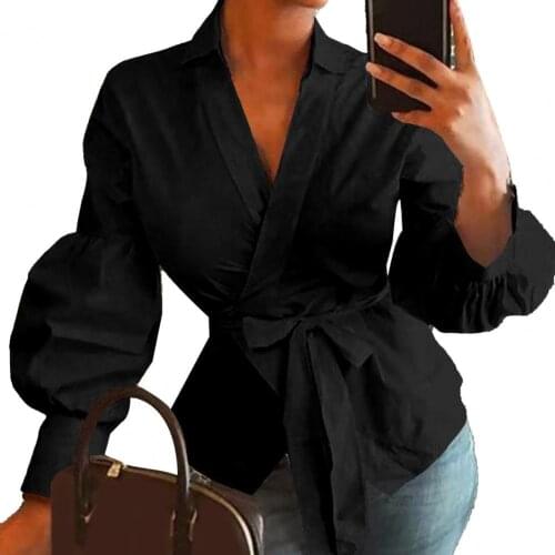 Fashion Women Tops and Blouses Lady Shirt Elegant V Neck Lantern Sleeve Women Solid Color Irregular Cardigan Top Streetwear