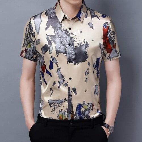 Mens Silk Streetwear Summer Patchwork Colors Shirt Male Short Sleeve Silk Clothes Fashion Printing Smooth Soft Dress Shirt