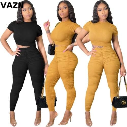 VAZN 2020 New Night Club Sexy Two Piece Set O-neck Short Sleeve Solid 2 Piece Set Women Full Pant Summer Sets