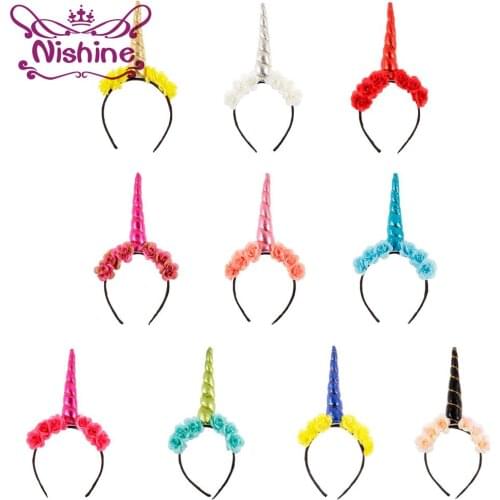 Nishine New Unicorn Horn Hair Band Flowers Headband Crown Headwear Newborn Girls Hair Accessories Birthday Gift Party Decoration