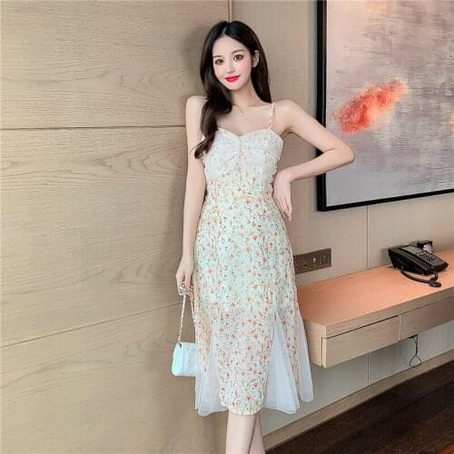 Dress Women Summer Fashion High Waist Floral Sling Dress Female New Style French Mesh Print Suspender Midi Long Dress Apricot