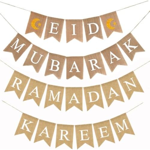 Ramadan Kareem Decorations 2021 Eid Mubarak Banner Muslims Linen Hanging Flag with Ropes Islam Home Decor Party Supplies
