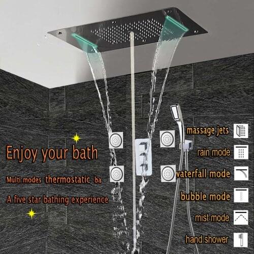 Relextime Polished Chrome Big Rainfall Shower Faucet Wall Mounted Concealed Bath Shower Set Massage Jets Ceiling LED Shower Head