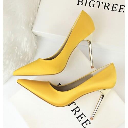 Metal Heel Shoes Women Silk Thin High Pumps Satin Heeled Sexy Elegant High Heels Yellow 34 42 43 Pointed Fashion Ladies Shoes