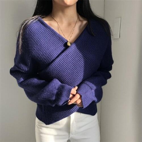 Vintage Woman Jersey Korean Cashmere Cross V-Neck Long Sleeve Oversized Warm Sweaters Solid All Match Jumper Winter YYQX093
