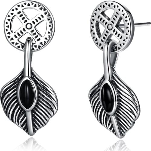 ZEMIOR Real 925 Sterling Silver Vintage Leaves Earrings For Women Black Cubic Zirconia Drop Earring Female Party Jewelry